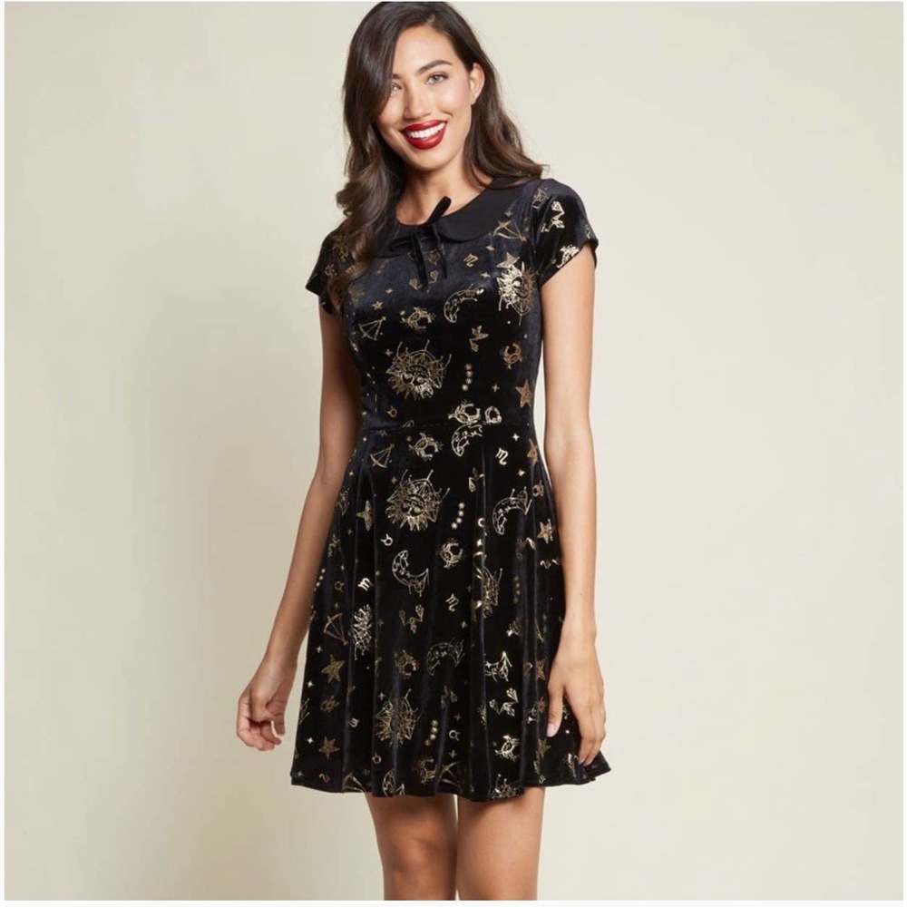 Modcloth x Collectif Celestial Black and Gold Mini Dress